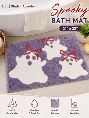 Spooky Ghost Plush Bath Mat - Purple & White